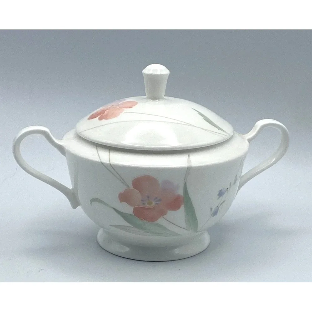 Mikasa Just Love Sugar Bowl w/ Lid Orange Pink Flowers Handles Bone China CAH15‎